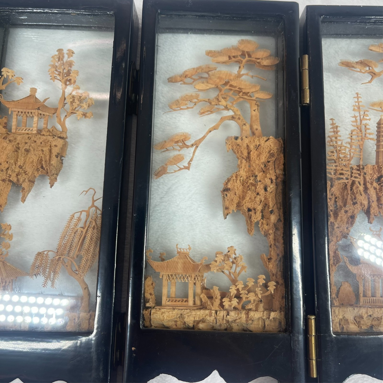 Vintage Chinese Cork Diorama Folding Screen Double Glass Lacquer Wood 4 Panel