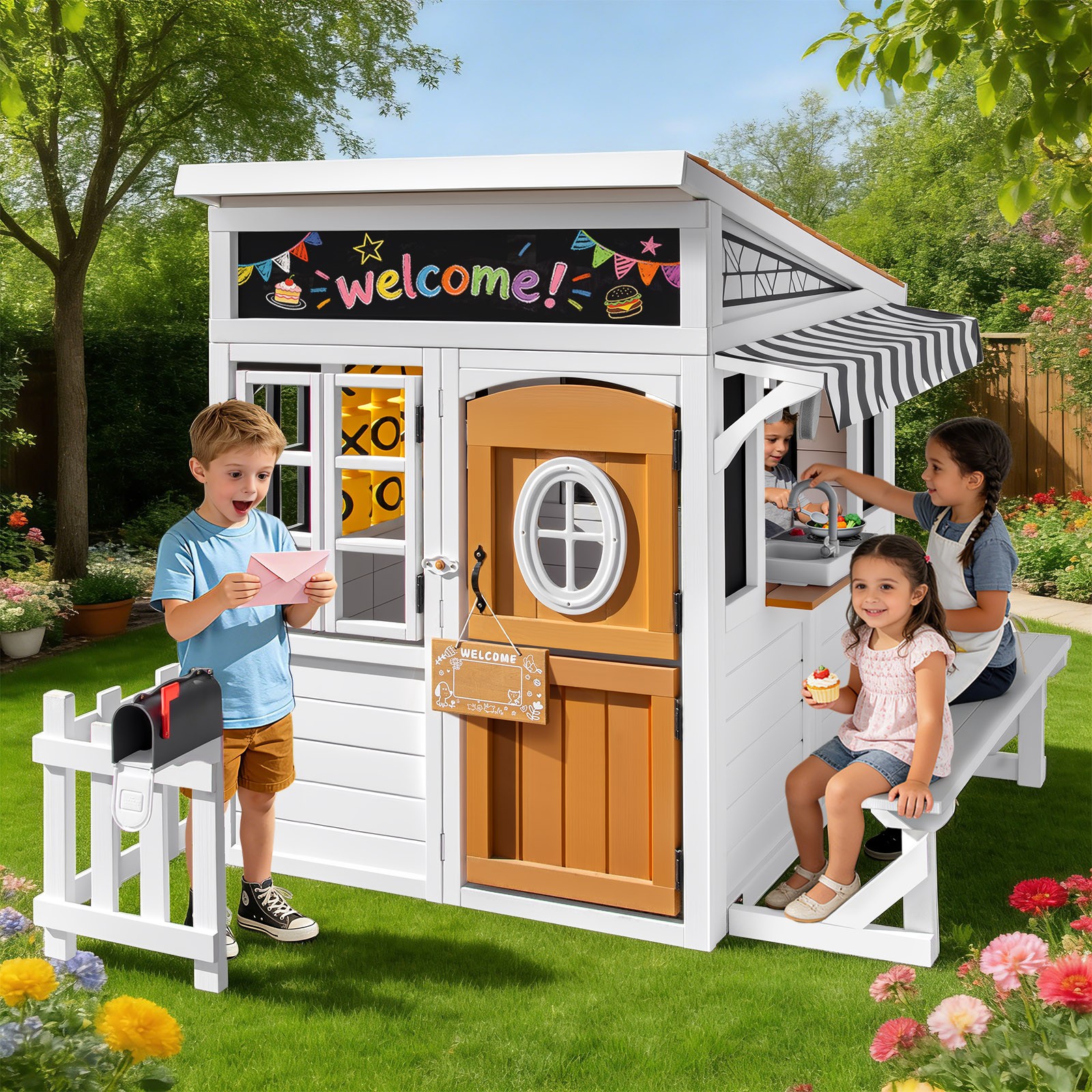Wooden Kids Playhouse Cottage Play Kitchen,Bench,Mailbox,Tic-Tac-Toe,Chalkboards