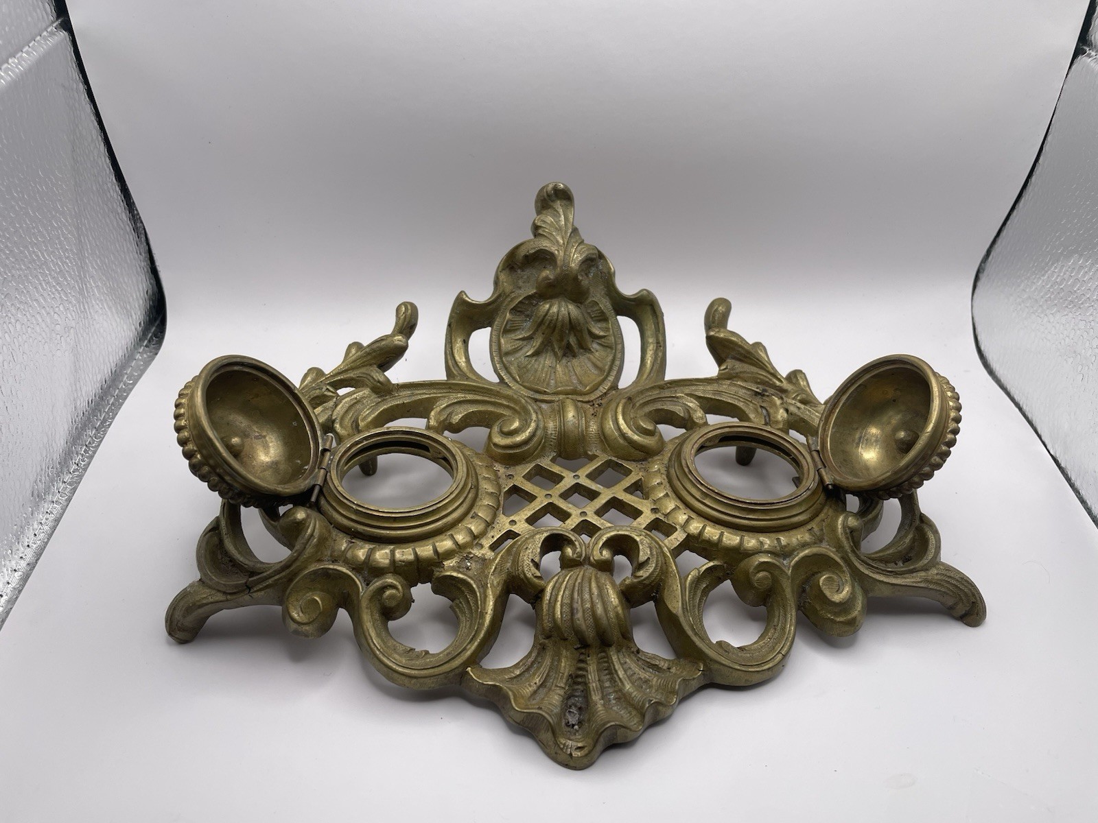 Antique Brass Double Inkwell With Lids