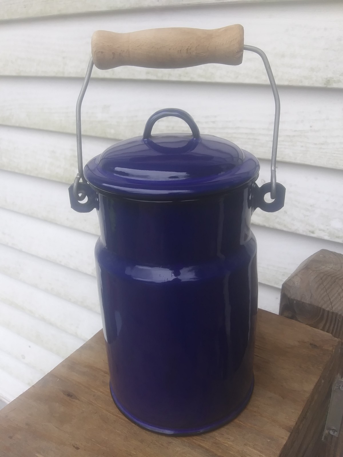 Vintage Blue Enamel White Inside Milk Pail w/Lid Wooden Handle Made in Holland
