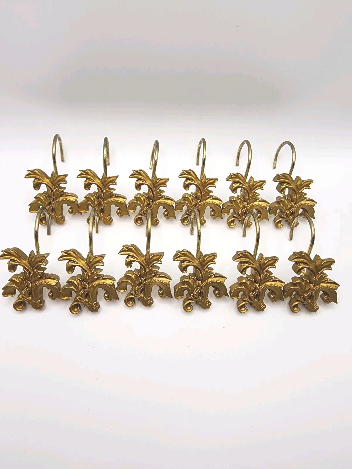Decorative Floral Shower Curtain Hooks Set of 12 Gold Polished Metal Bathroom