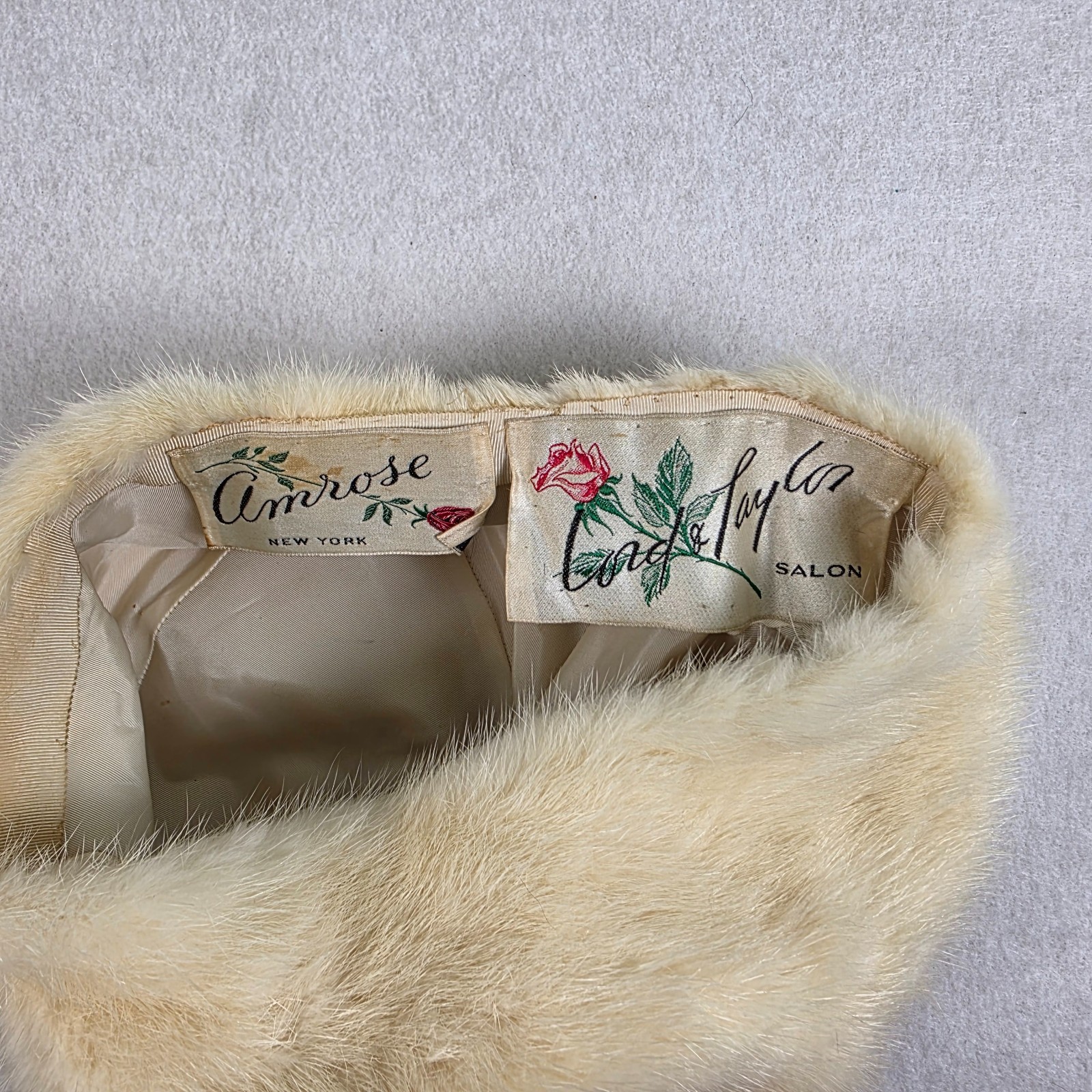 Vintage Ambrose New York for Lord & Taylor Salon Cream Fur Hat Satin Lined