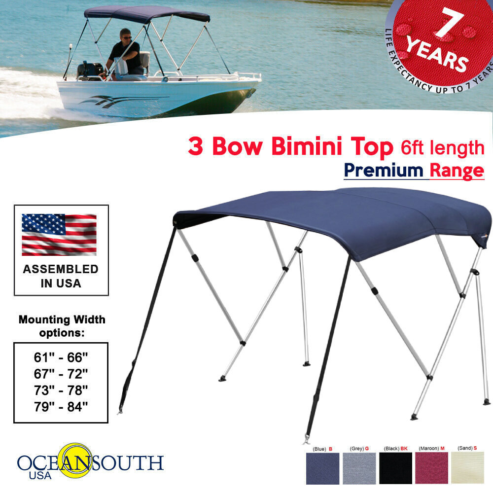 Oceansouth 3 Bow Bimini Top PREMIUM RANGE Boat Cover 6ft Long with Rear Poles