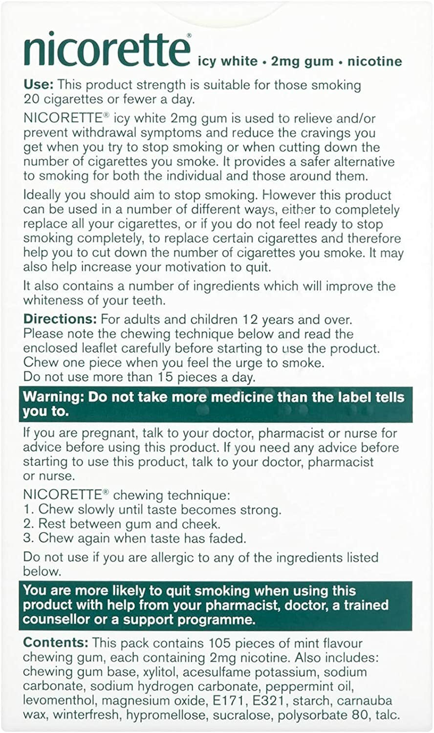 Nicorette Icy White Gum 2mg 105 Pieces "USA SELLER SHIPS SUPER FAST ""