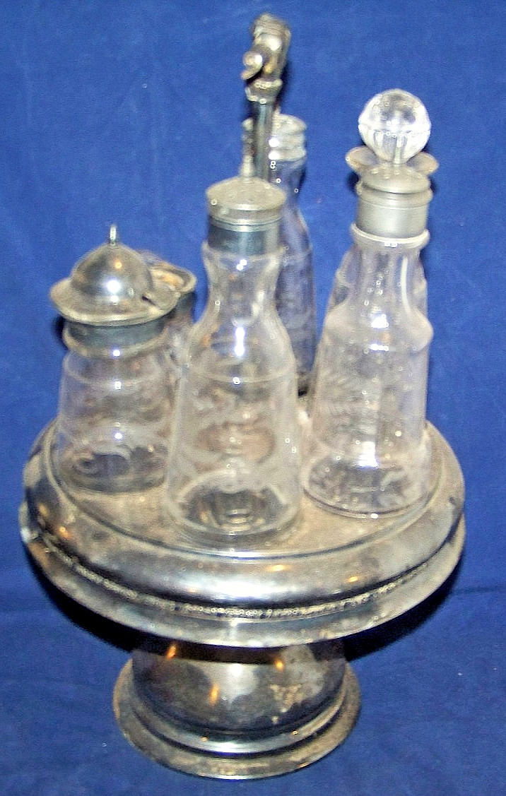Antique Glass Cruet Condiment COMPLETE Set With Six Bottles