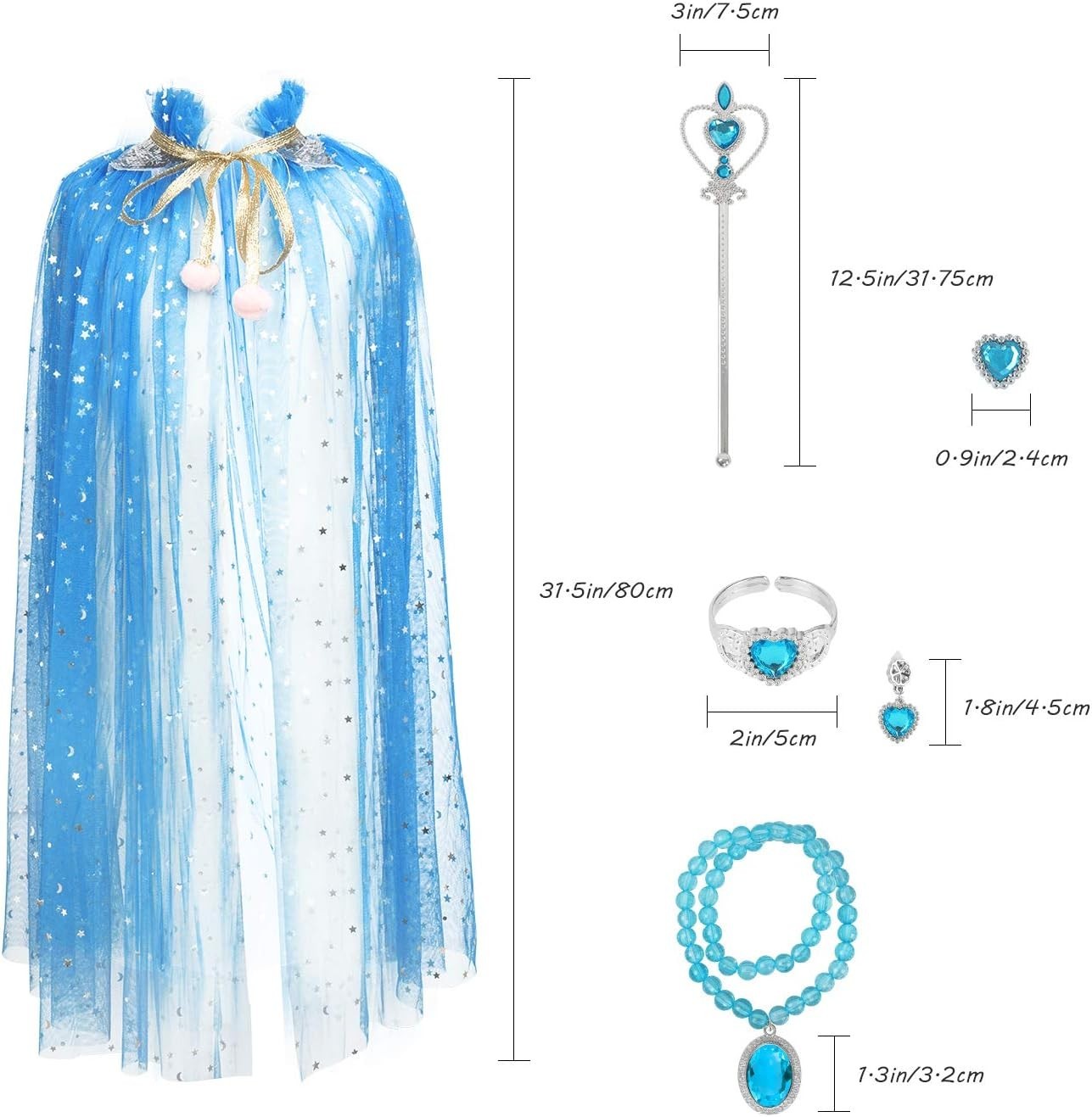 Princess Cape Set, 7 Pcs Girls Dress up Blue Cloak w/ Tiara Crown & Wand Costume