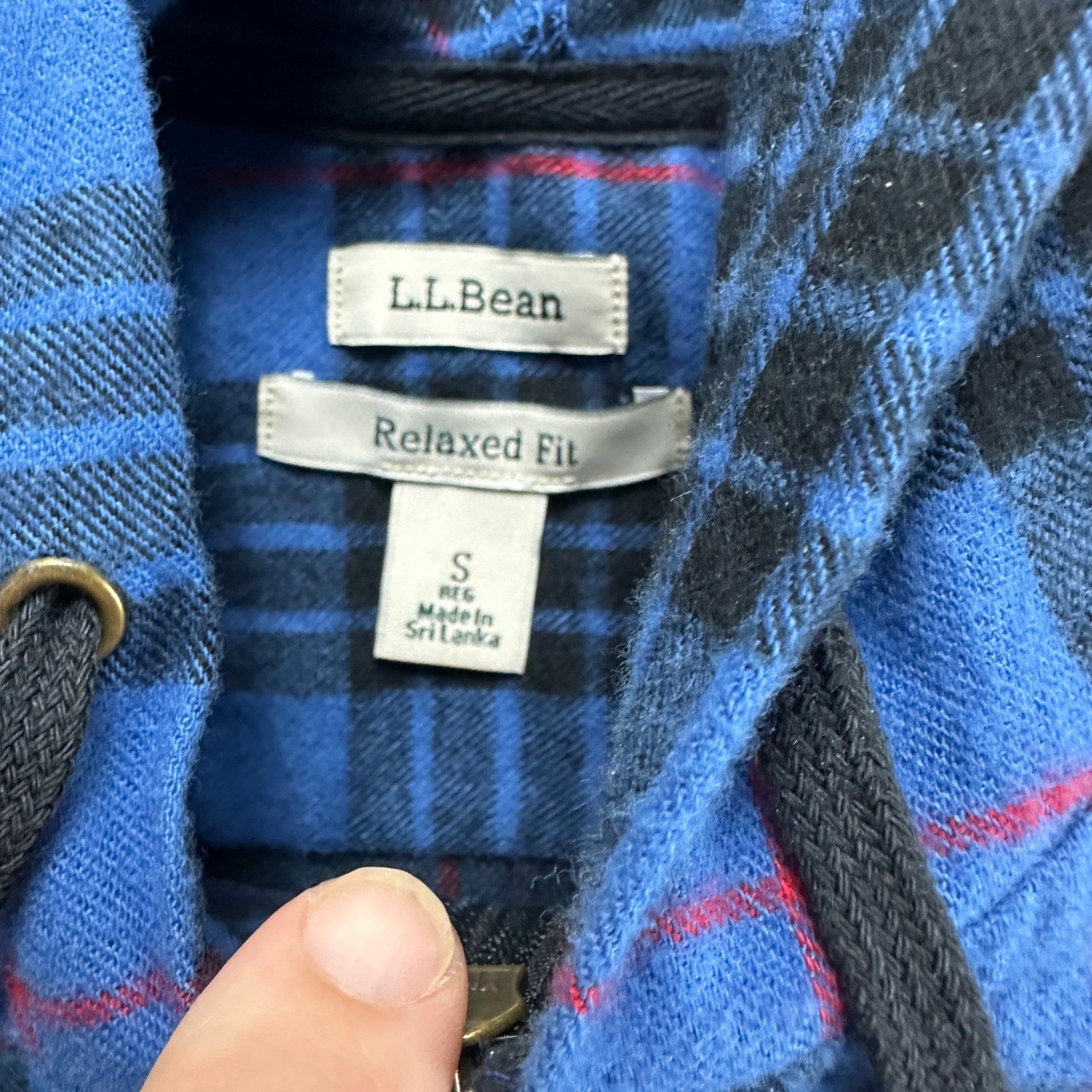 L.L. Bean Flannel Hoodie Blue Black Plaid Cotton Pullover Relaxed Fit Mens Small