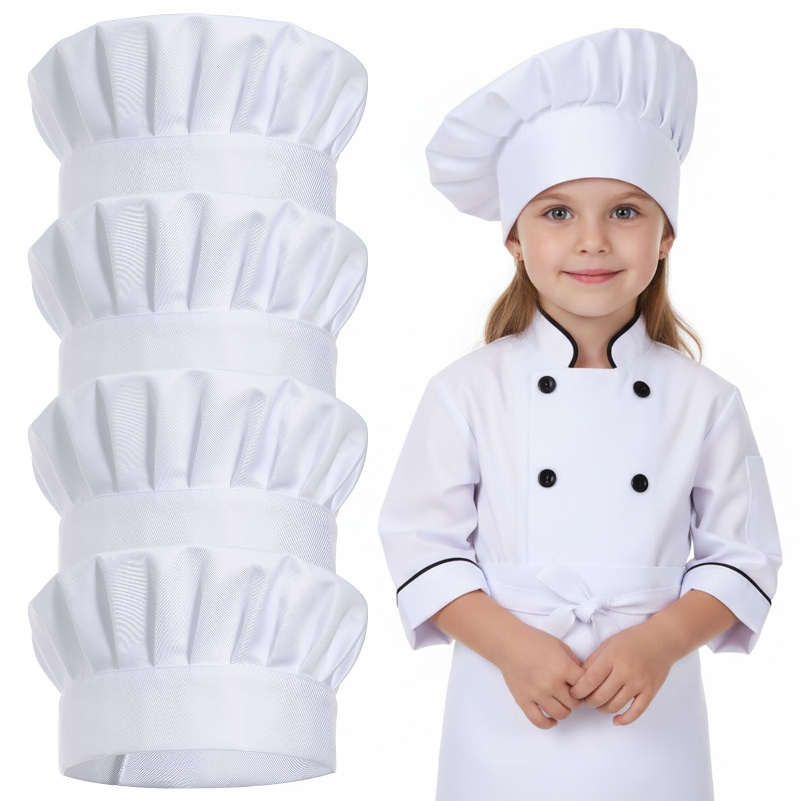 4 Pack Chef Hat for Kids Adjustable Elastic White Chef Hats, Chefs Cap for Co...