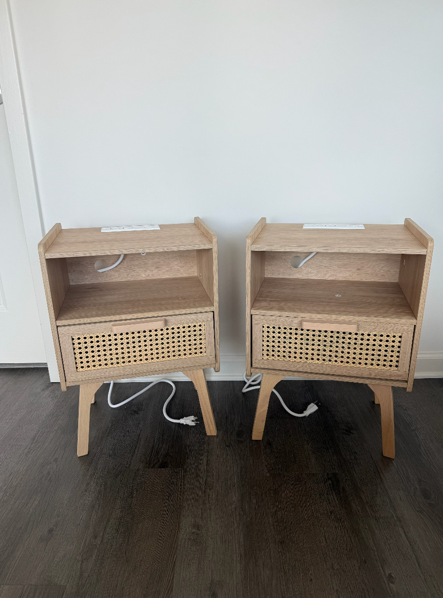 Set of 2 Brand New Night Stands Beige Wood Color Drawer Storage Powered Outlets!