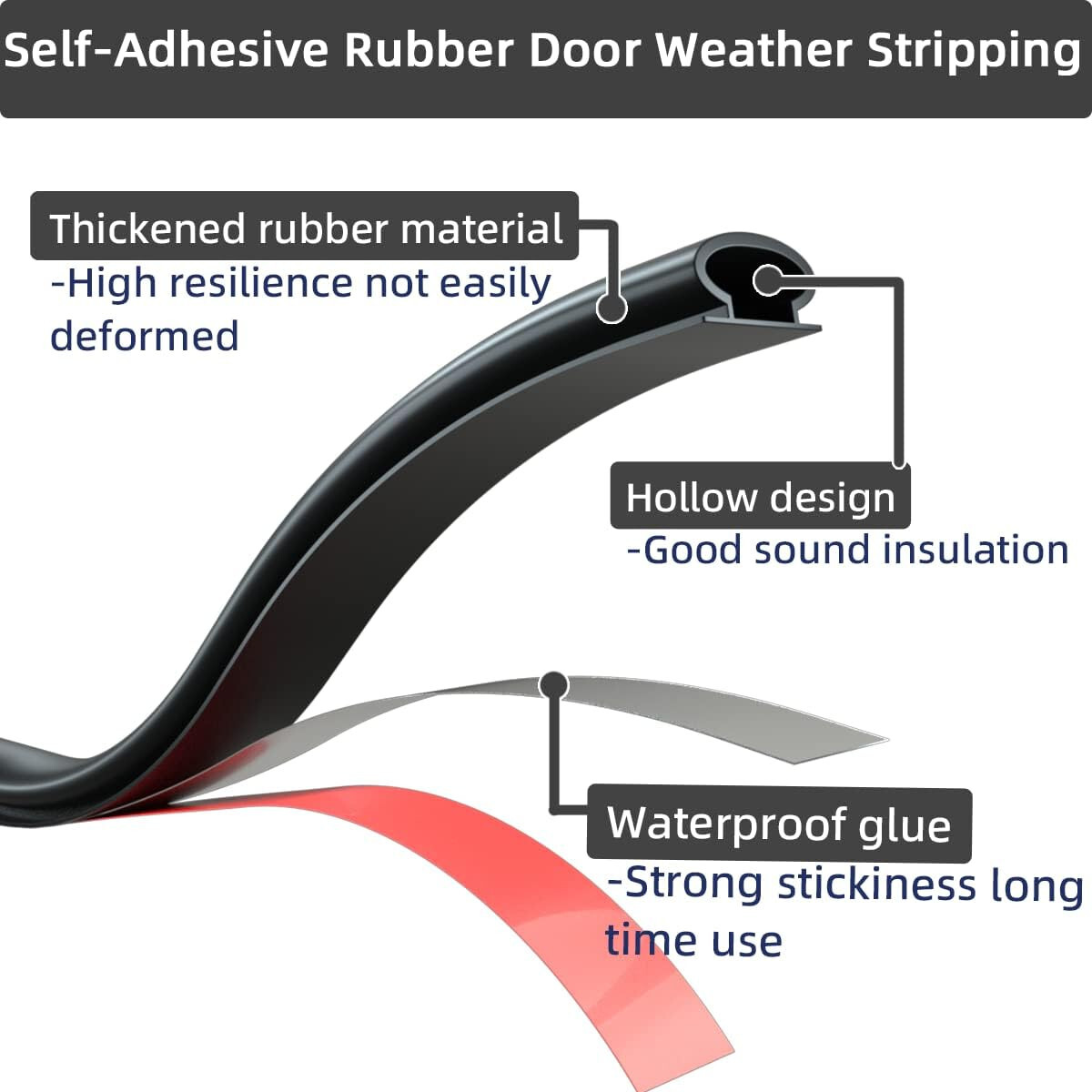 50 FT D-Shape Door Seal Strip Self-Adhesive Soundproof Weather Stripping Black
