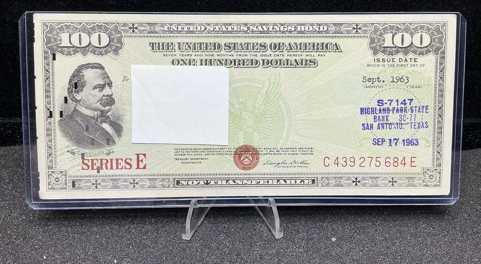 Vintage $100 Series E U.S. Savings Bond 1963 Z37
