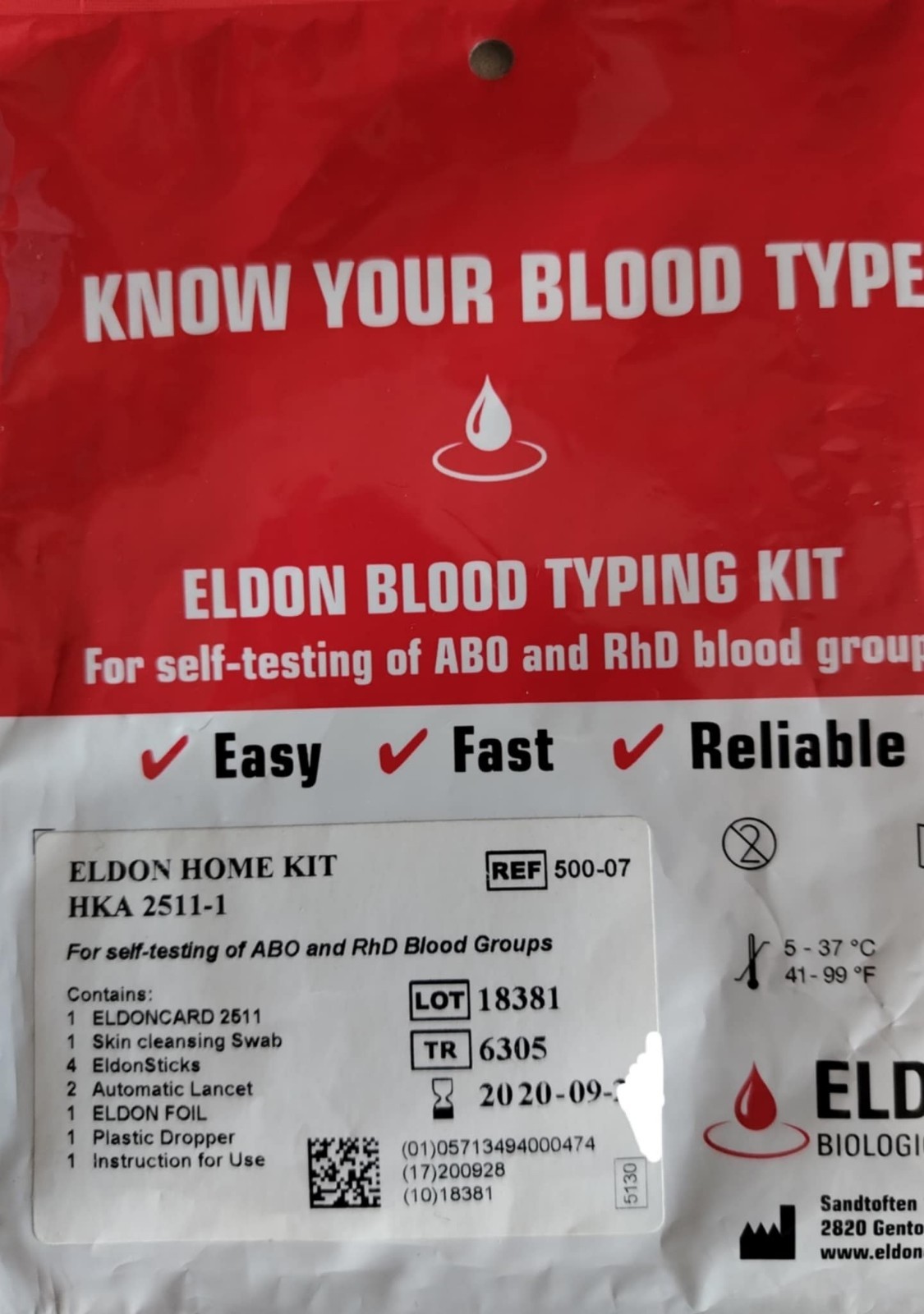 1x BLOOD TYPE TEST KIT ELDON-BLOOD GROUP TESTING-A,B,O,AB & RHESUS D