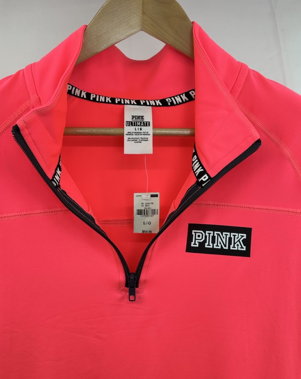 New PINK Victoria's Secret Ultimate Logo Pink Gray 1/4 Zip Pullover Women’s