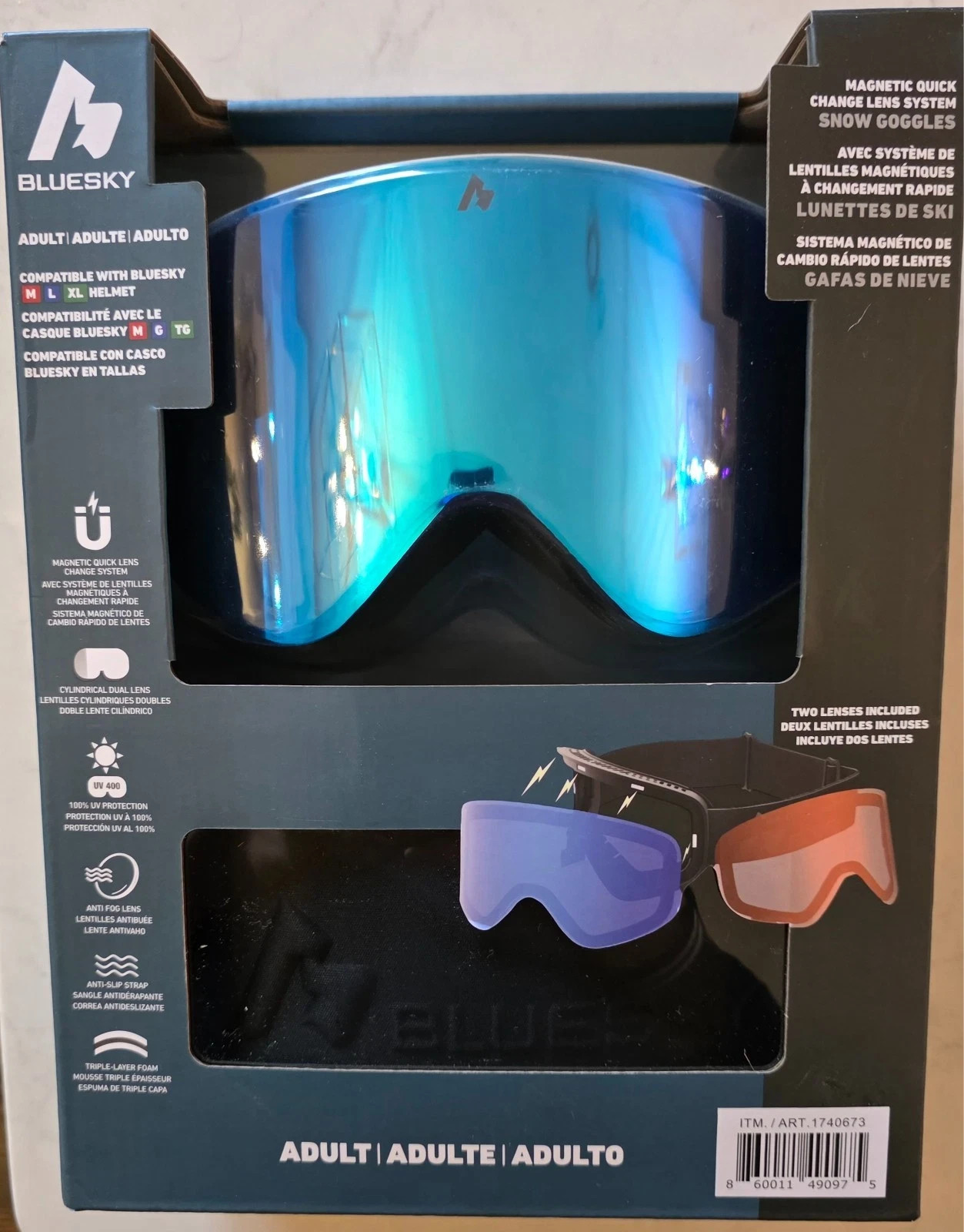 BLUESKY Adult Snow Goggles with Magnetic Quick Change Lens System - NEW