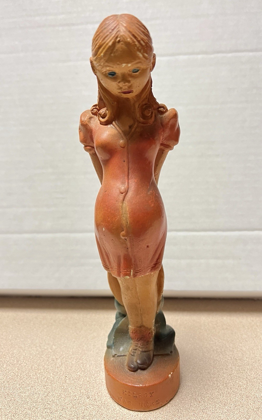WWII Kilroy Was Here Chalk Ware Plaster Pregnant Figurine, 9 1/2” Tall Rare Find