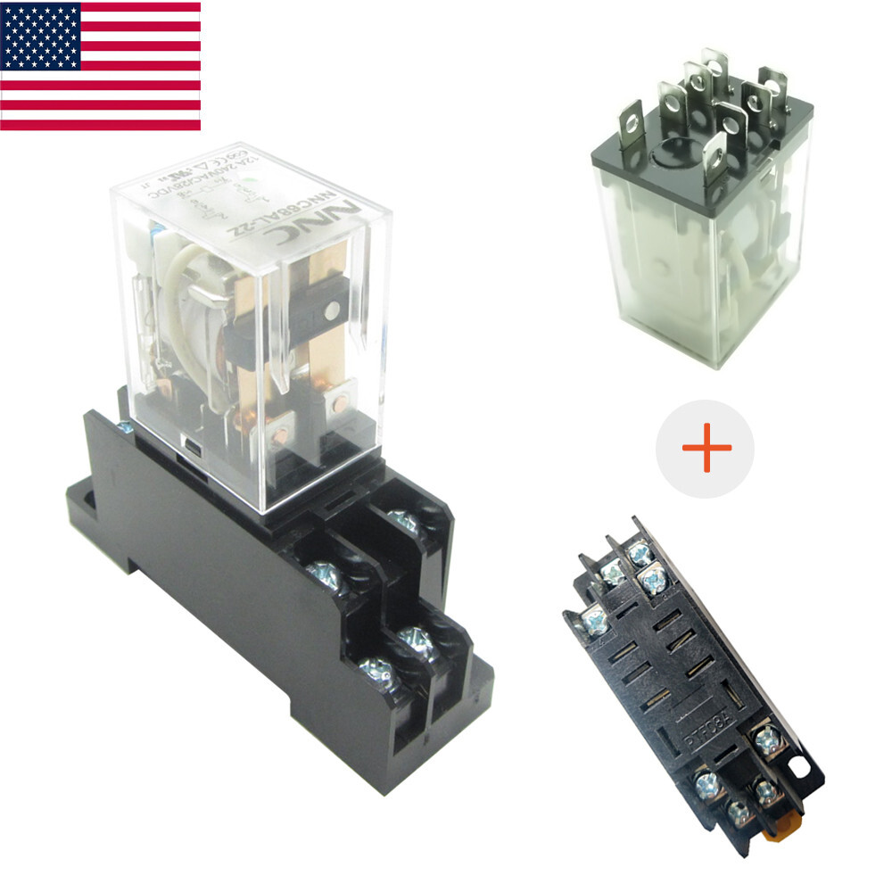 US Stock Power Relay 12A DPDT Coil 12V 24V 110V 220V LY2NJ 8Pin Plug-in + Socket