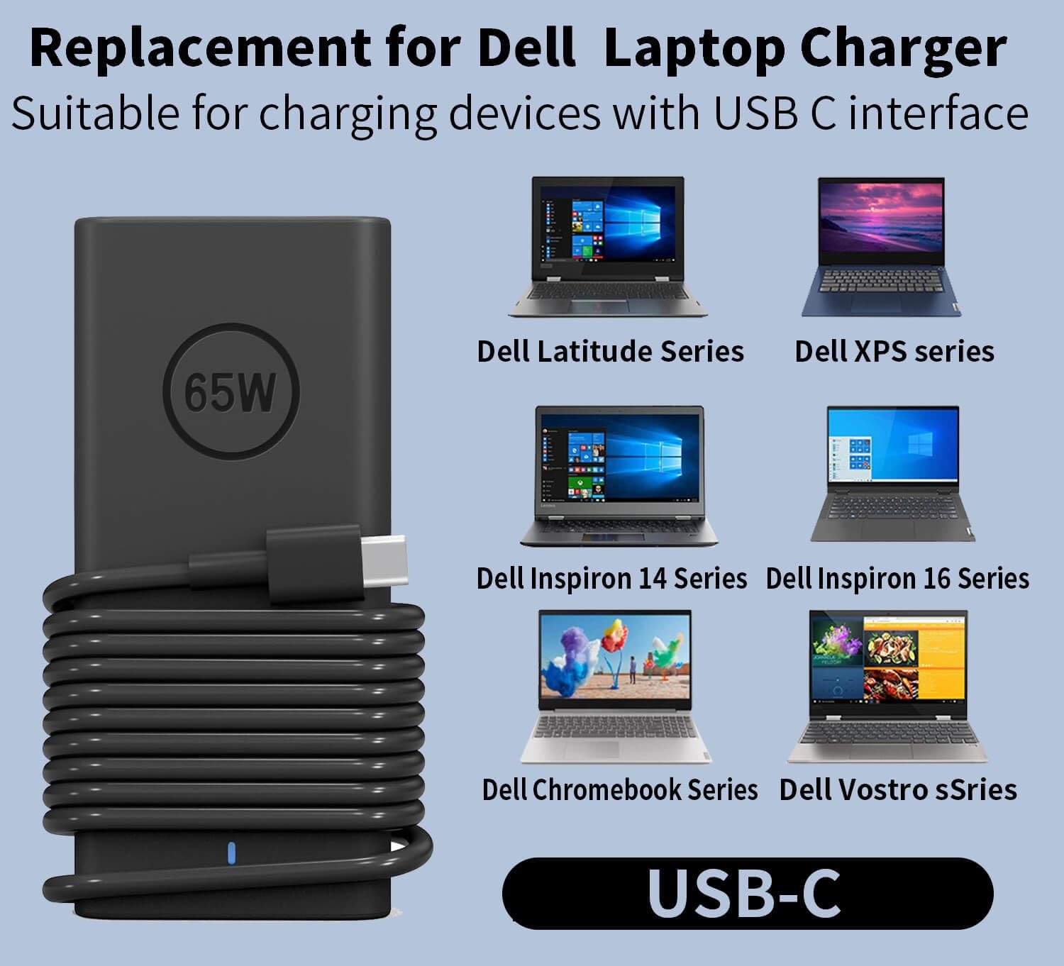 Dell 65W USB C Laptop Charger Power Adapter with 11ft Power Cord