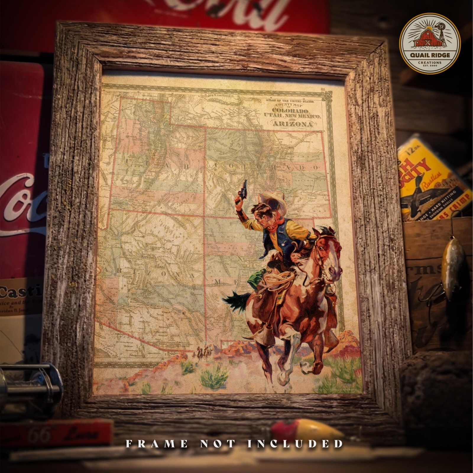 Vintage Colorado State Map Art Print Colt Revolver Rodeo Cowboy Western Decor