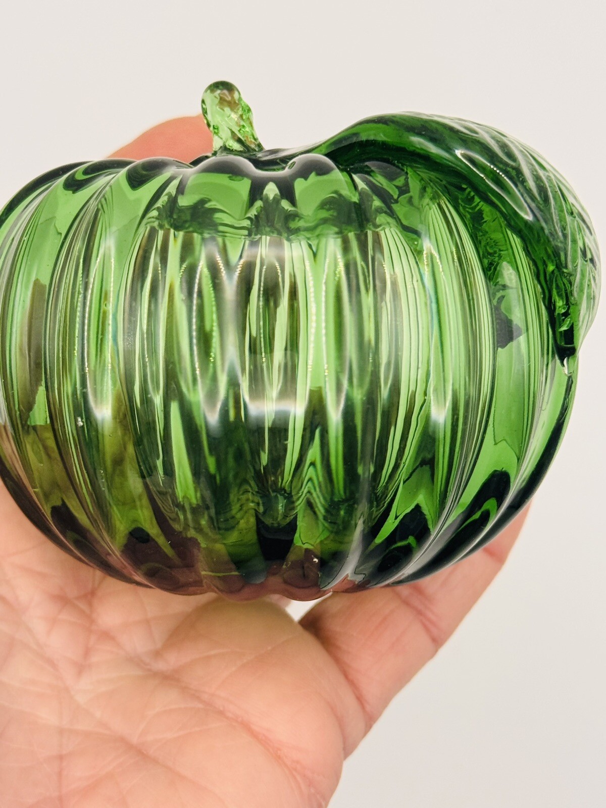 Vintage Hand-Blown Glass Green Apple/Pumpkin Paperweight Home Decor