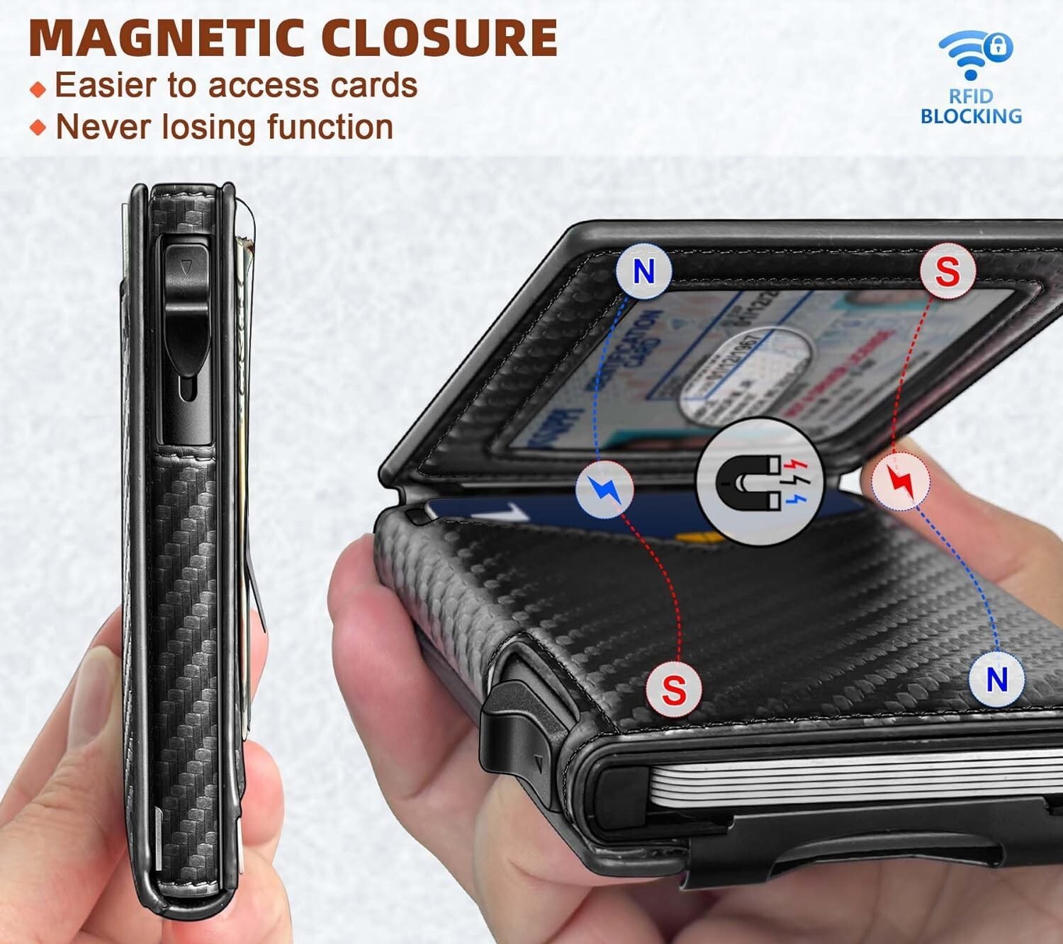 Men's Slim PopUp Bifold Carbon Fiber Wallet, RFID Blocking, Money Clip, Men Gift