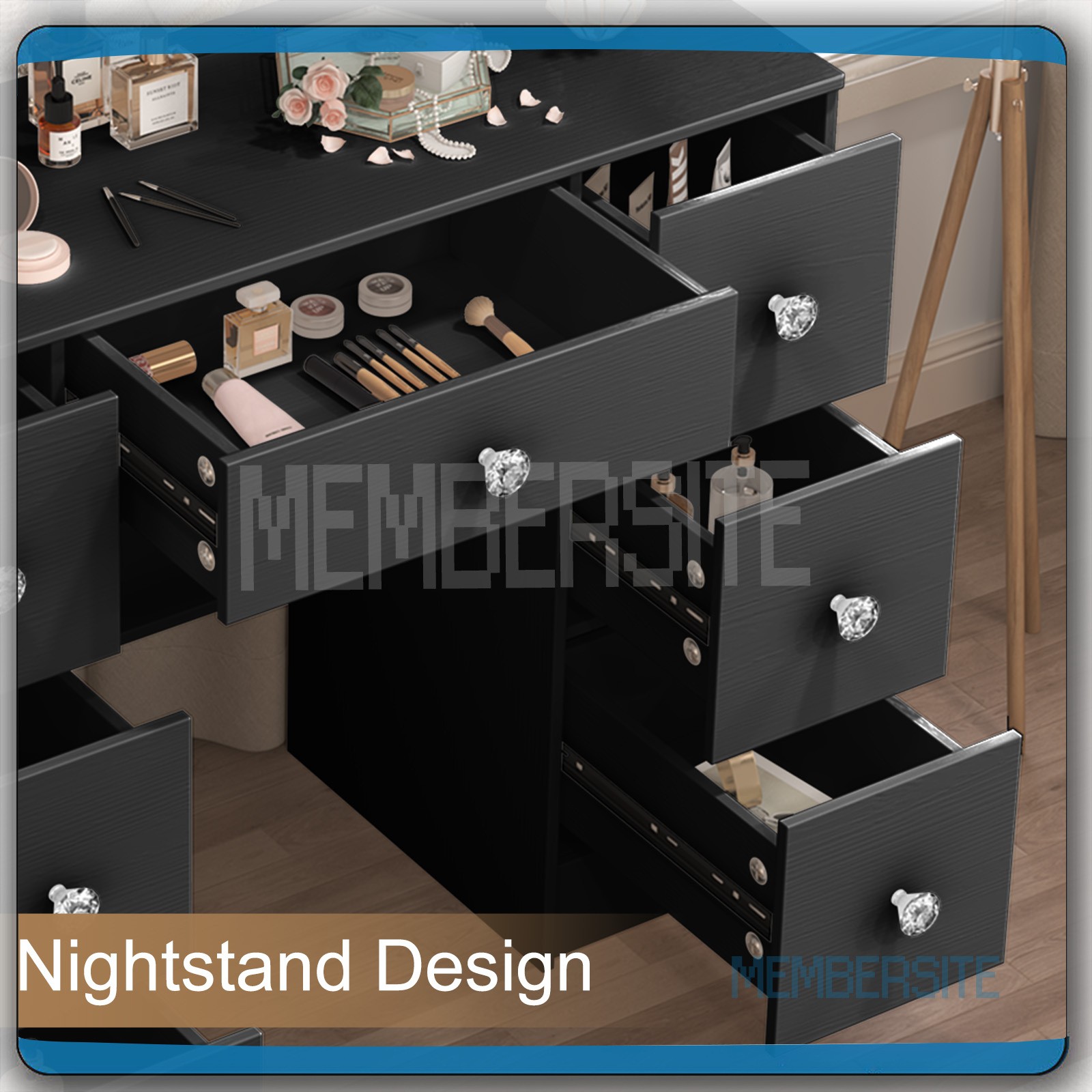 Black Vanity Makeup Desk Dressing Table With Large Mirror + Drawer &Crystal Pull