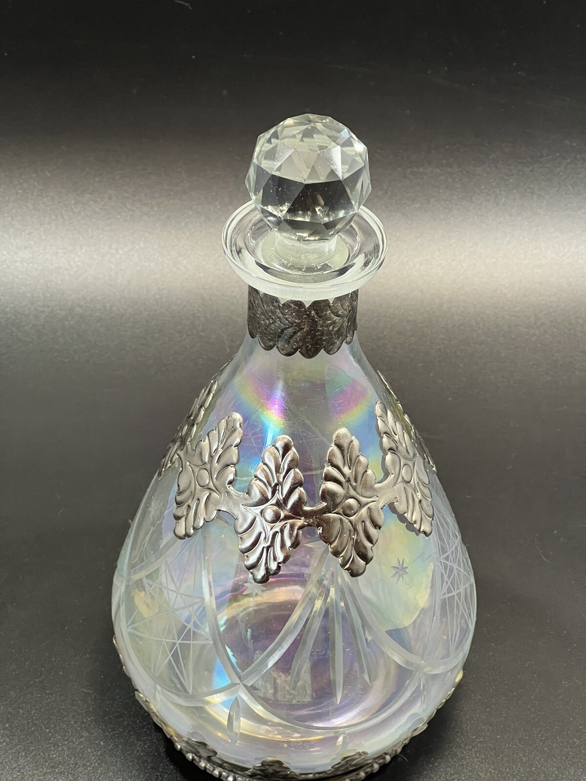 Vintage Ornate Silver Overlay Art Nouveau Deco Etched Clear Glass Decanter 10" T