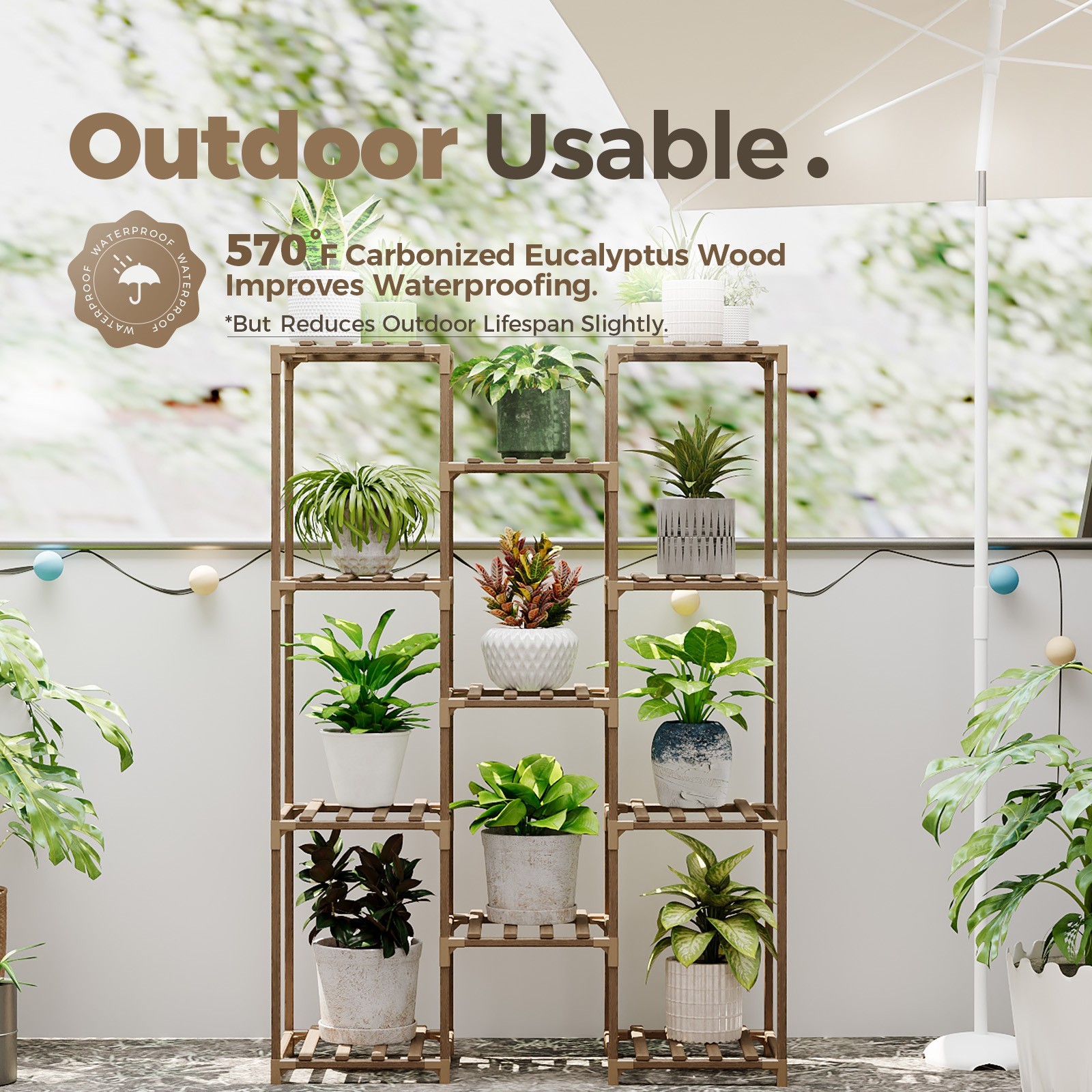 Bamworld Plant Stand Tall Plant Shelf for Multiple Plant Pots Wood Flower Stand