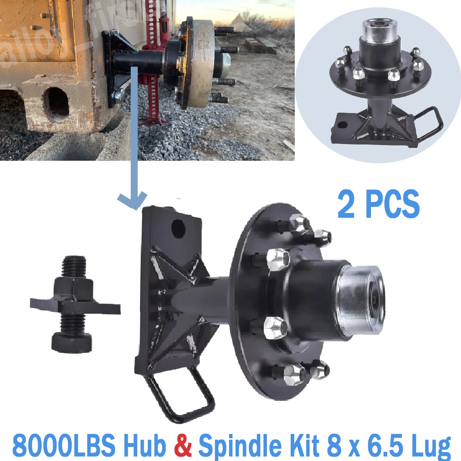 Pair 8000LB 8 x 6.5 Lug Superior Shipping Container Wheels Bolt-on Spindle Kit.