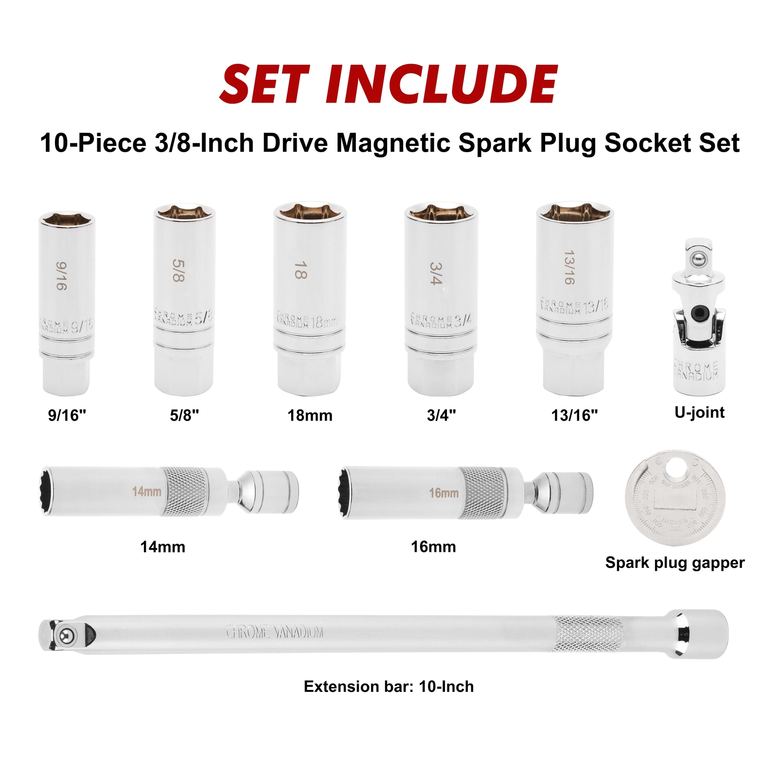 0PCS 3/8"Drive Magnetic Spark Plug Socket Set, 6PT&12PT Extension Bar CR-V Steel
