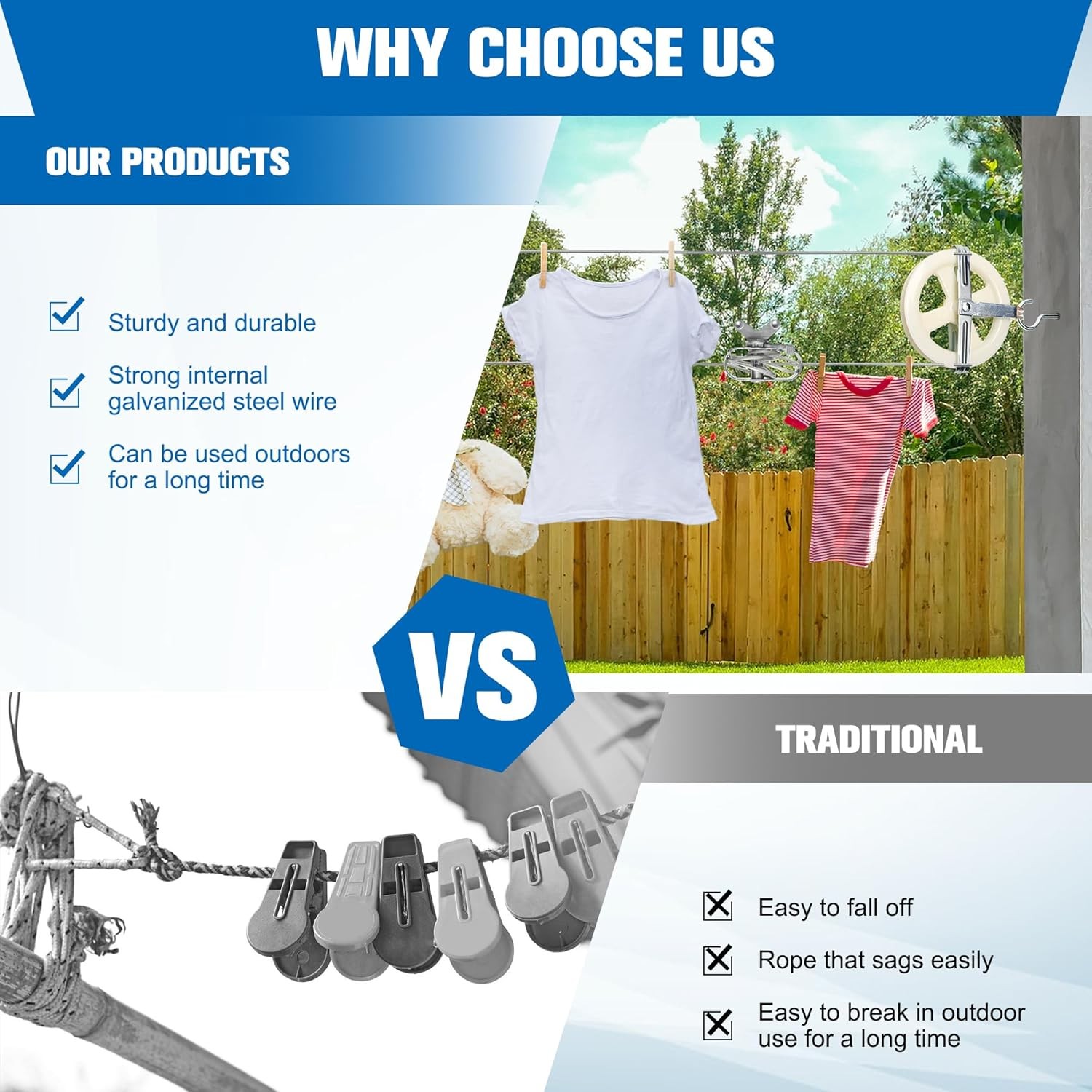 Clothesline Pulley Kit Outdoors 150.9FT PVC Wire Rope 5" Pulleys Tightener Hooks