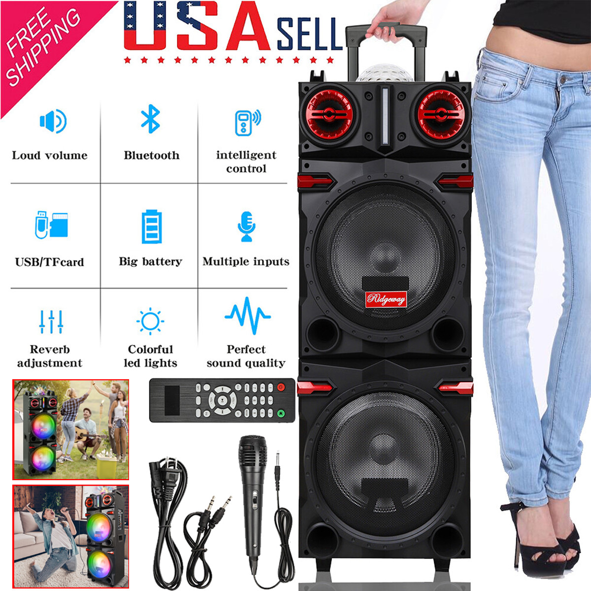 9000W Dual 10" Woofer Bluetooth Party Speaker - Rechargeable FM Karaoke DJ AUX