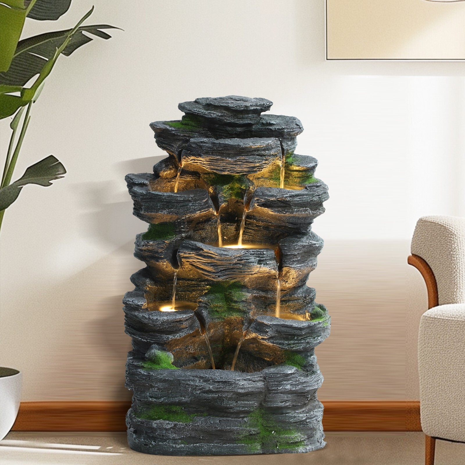 7Tier Cascading Rock Water Fountain 24" H Outdoor Fountain w/LED Light and Pump