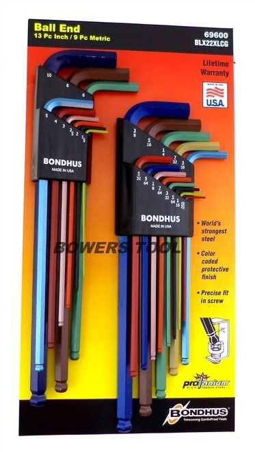 Bondhus 22pc ColorGuard Hex Wrench Set Ball End Metric SAE L Standard Inch USA