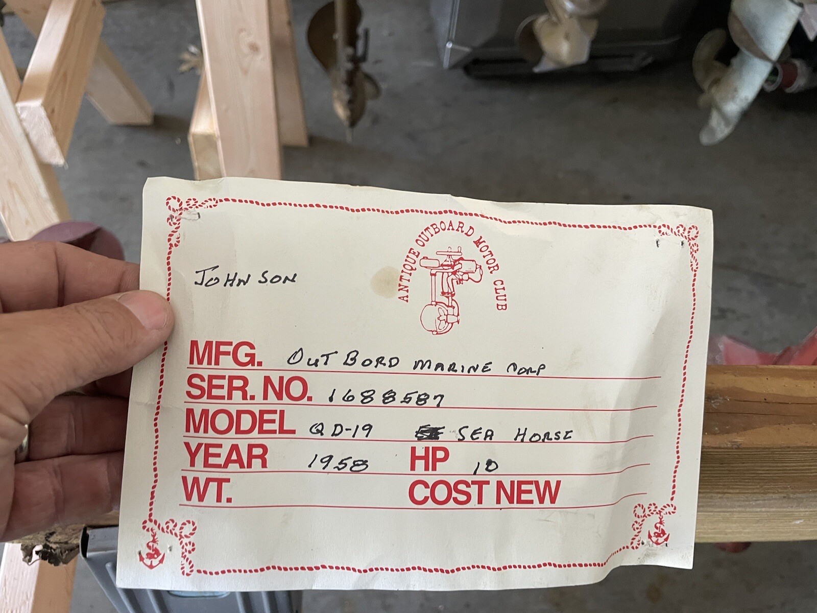 1958 Johnson Seahorse 10HP QD-19 Outboard Motor