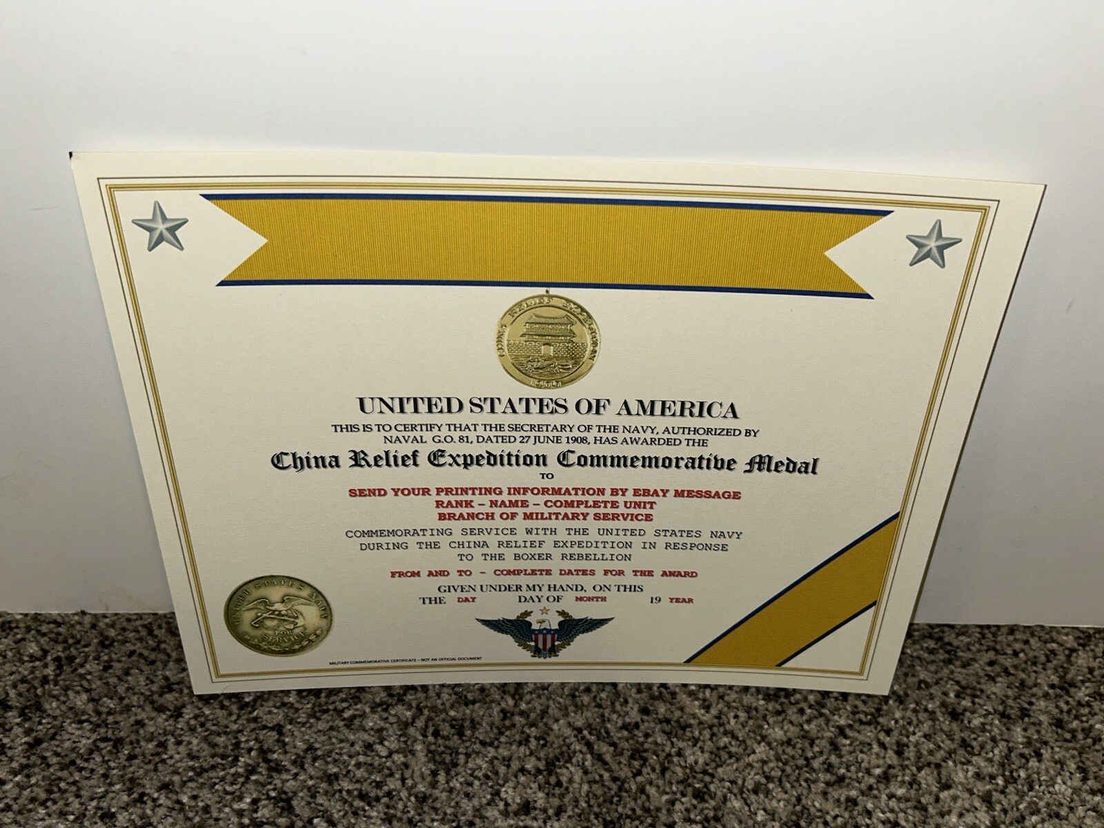 CHINA RELIEF EXPEDITION COMMEMORATIVE MEDAL CERTIFICATE ~ W/PRINTING TYPE-1