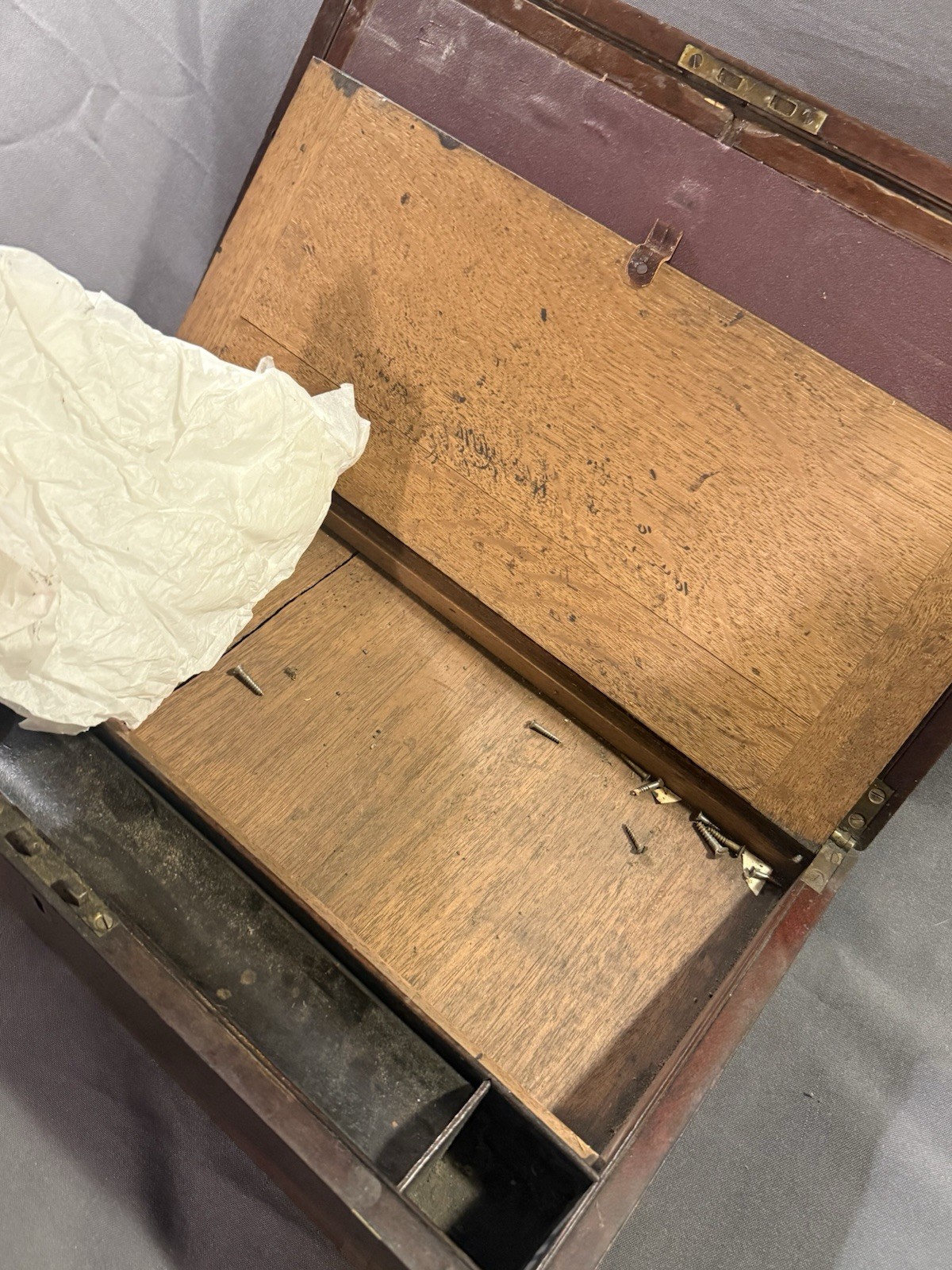 Early Antique Wood & Brass Bound Military Campaign Writing Desk