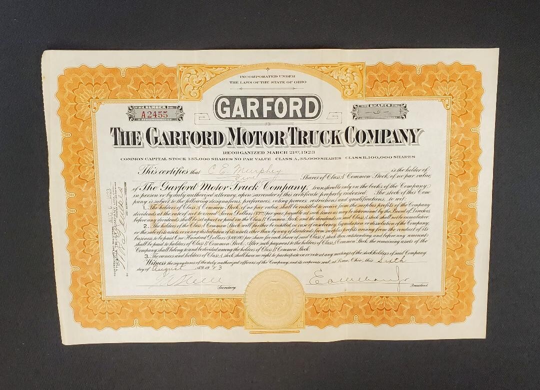 Garford Motor Truck Co. - Stock Certificate - Automotive Stocks - 5 Shares -1923