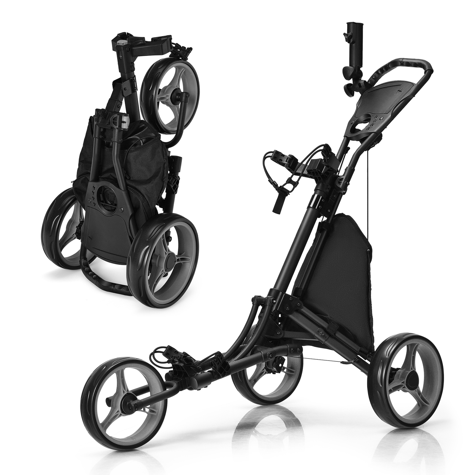 3-Wheel Foldable Golf Push Pull Cart Trolley w/ Adjustable Handle Grey