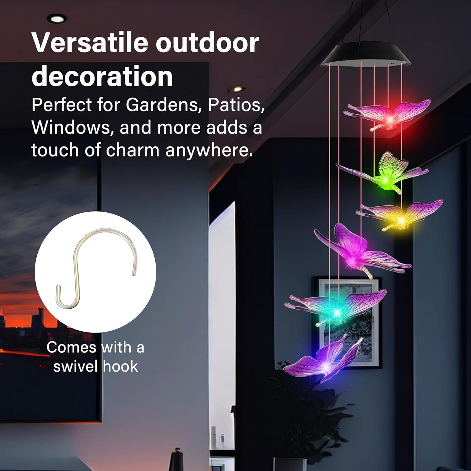 Solar Wind Chimes Lights LED Color Changing Hanging Butterfly Garden Decor Lamp