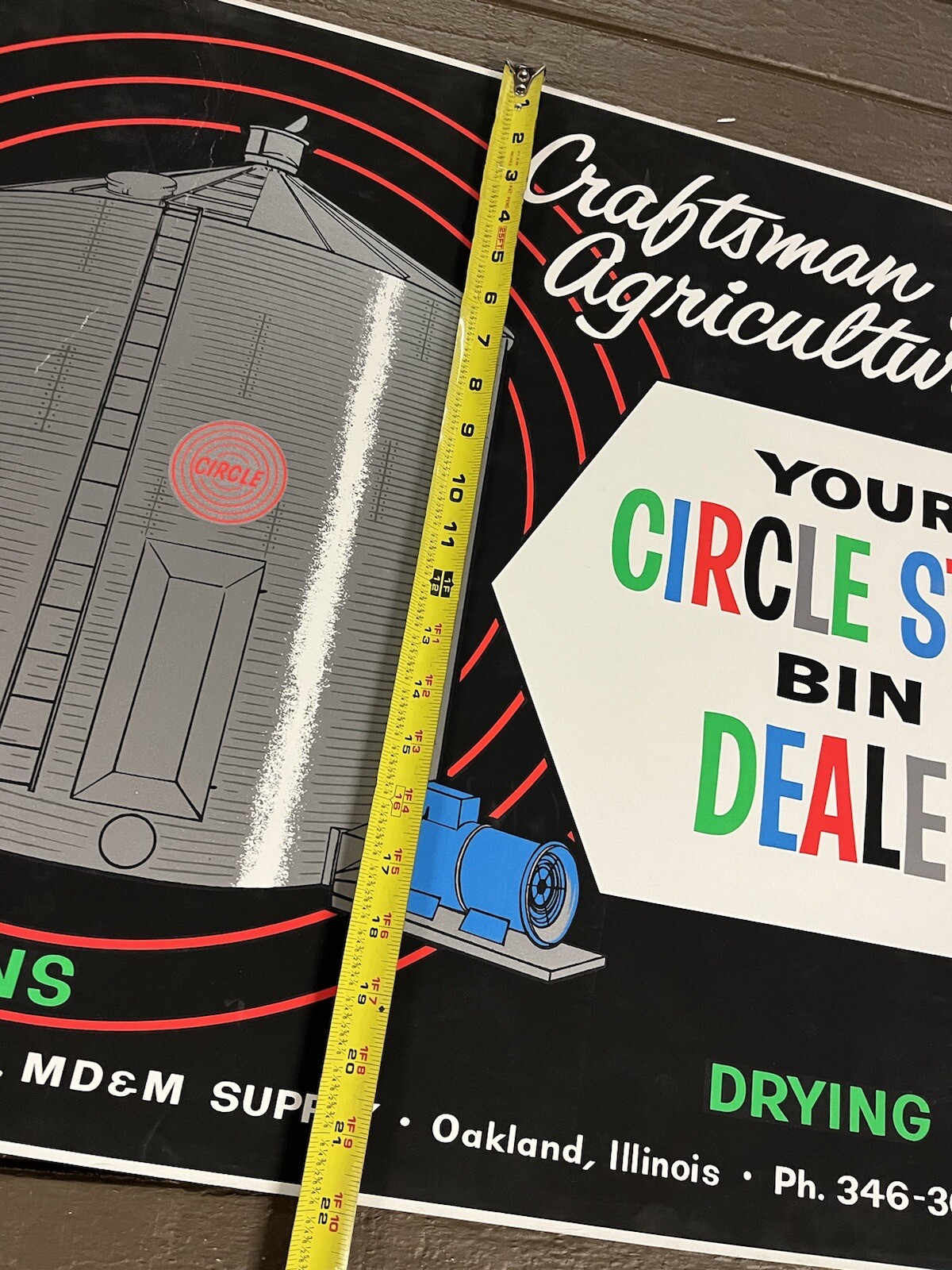 Vintage Circle Steel Grain Bin Dealer Cardboard Sign Oakland ILL MD&M Supply