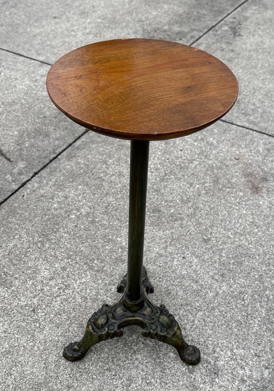 Antique Vintage Painted Green Cast Iron & Walnut? Wood Top Pedestal Plant Stand