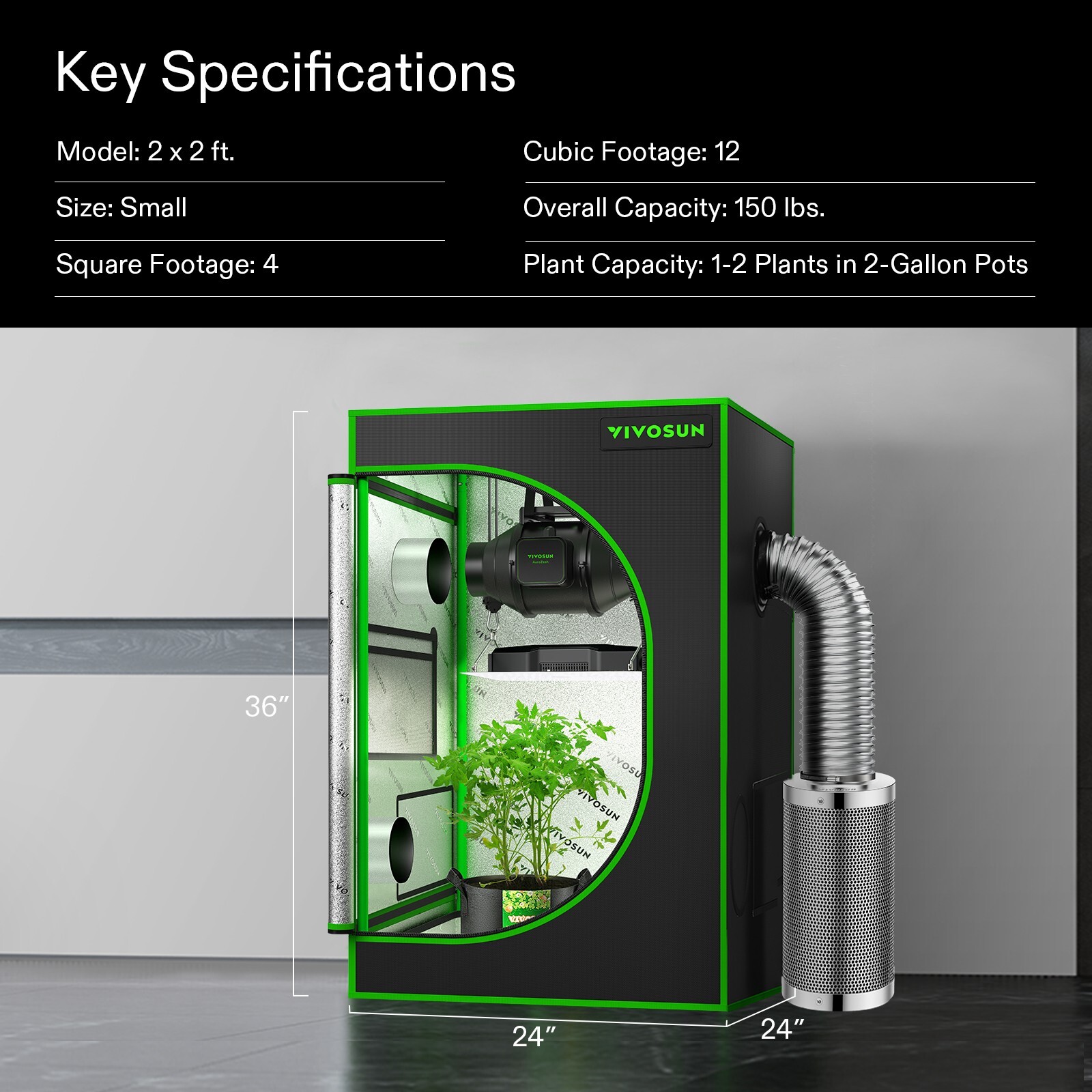 VIVOSUN S223 2x2ft Indoor Hydroponic Grow Tent Non-Toxic 24"x24"x36" 100% Reflec