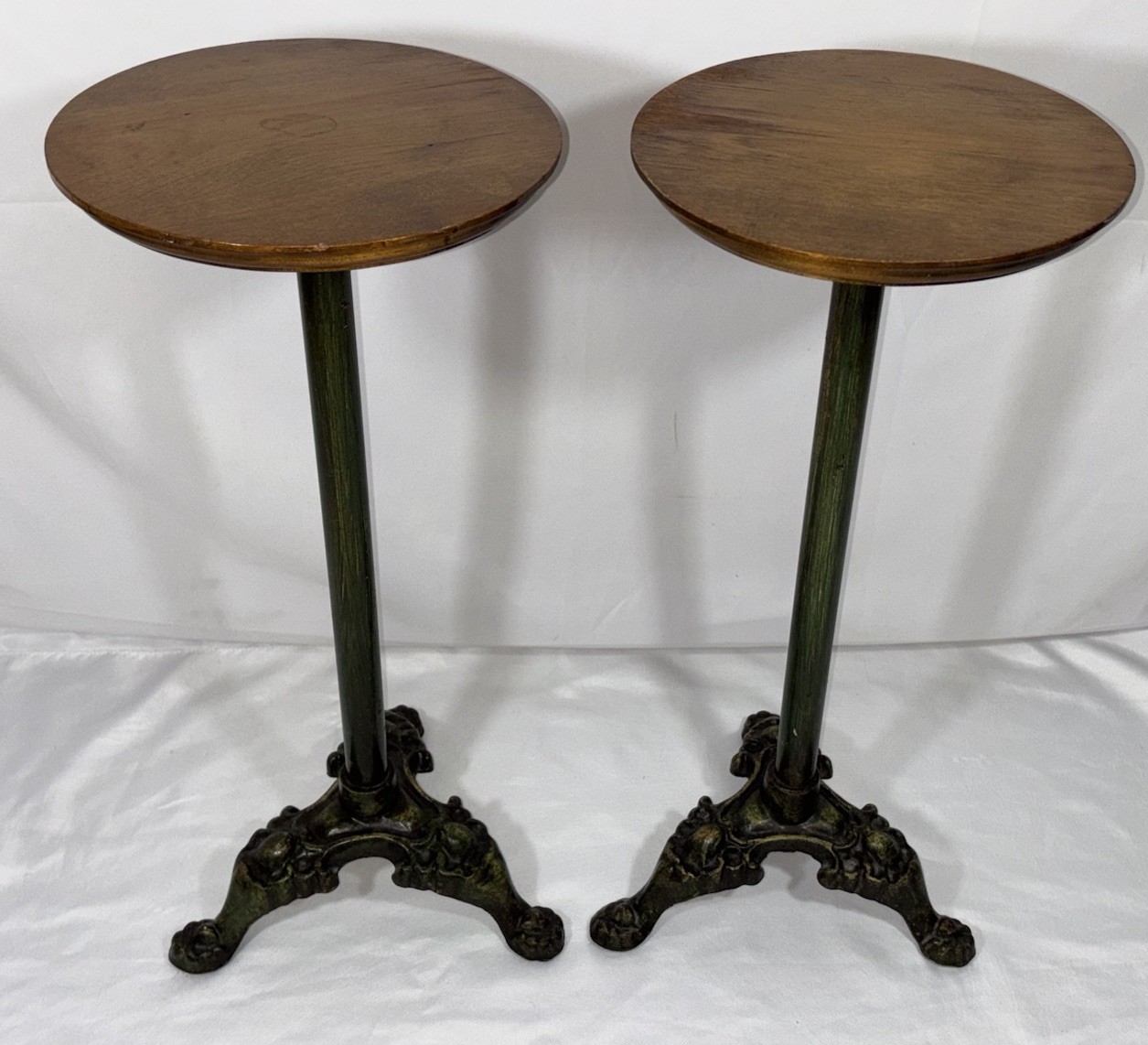 Antique Vintage Painted Green Cast Iron & Walnut? Wood Top Pedestal Plant Stand