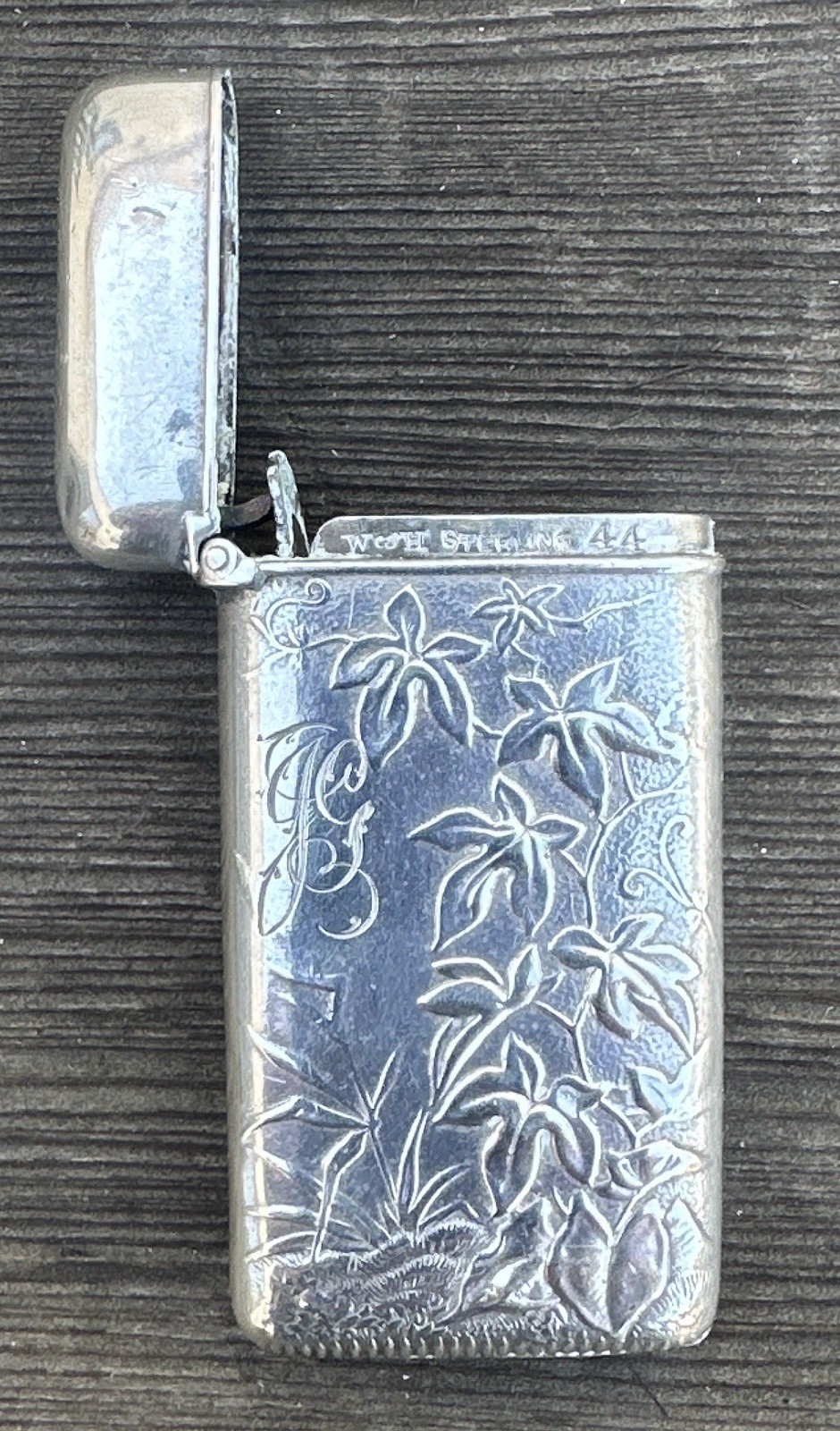Antique Wood & Hughes Sterling Silver Floral Engraved Vesta Case Match Safe