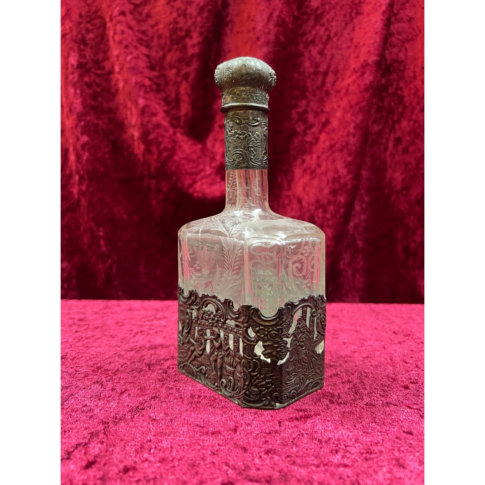 Antique Barware 18th Century Etched Glass Decanter Silver Repousse Germany