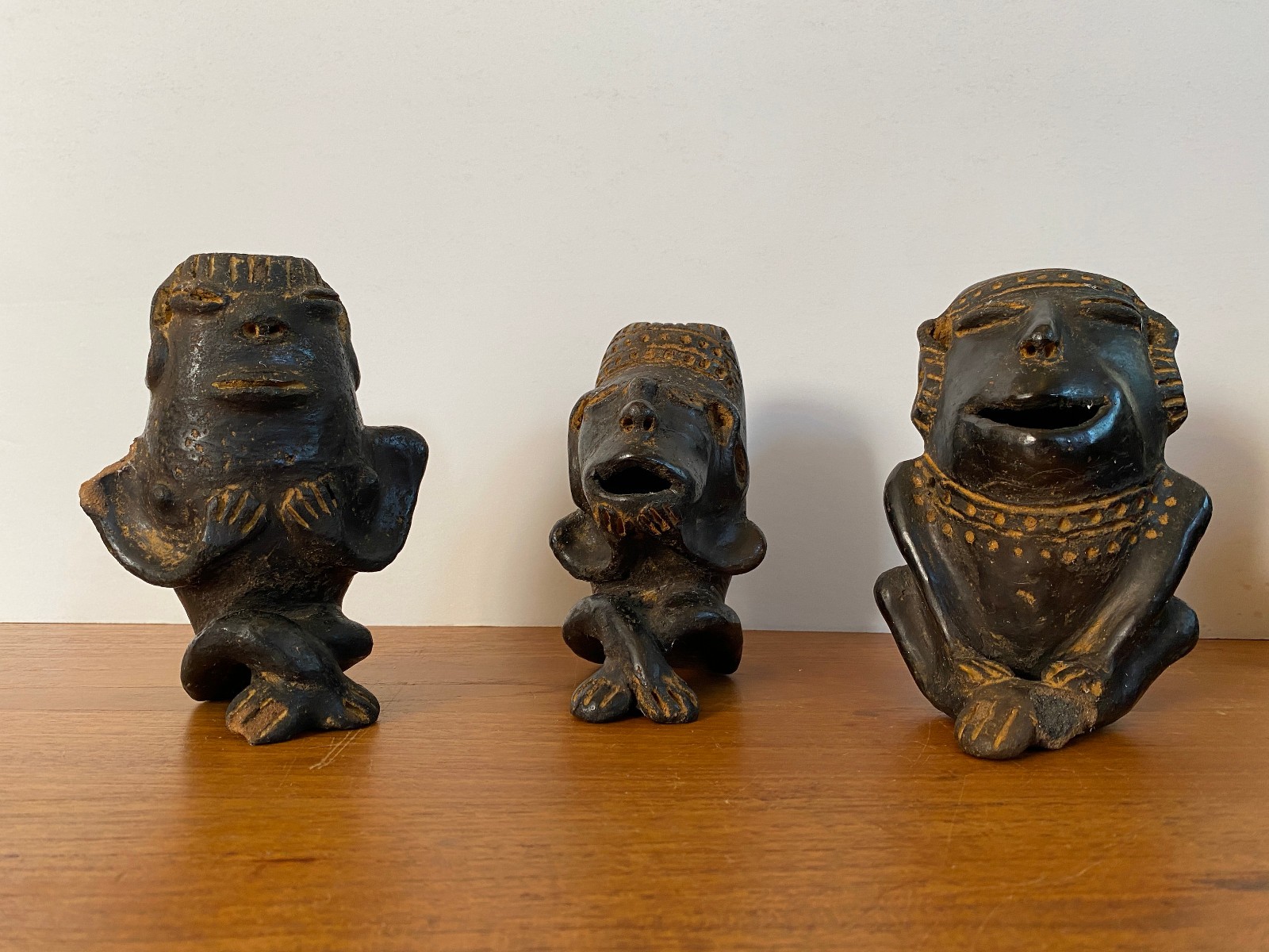 3 Pre Columbian Style Black Ware Clay Figures Musical Seated Vintage / Antique