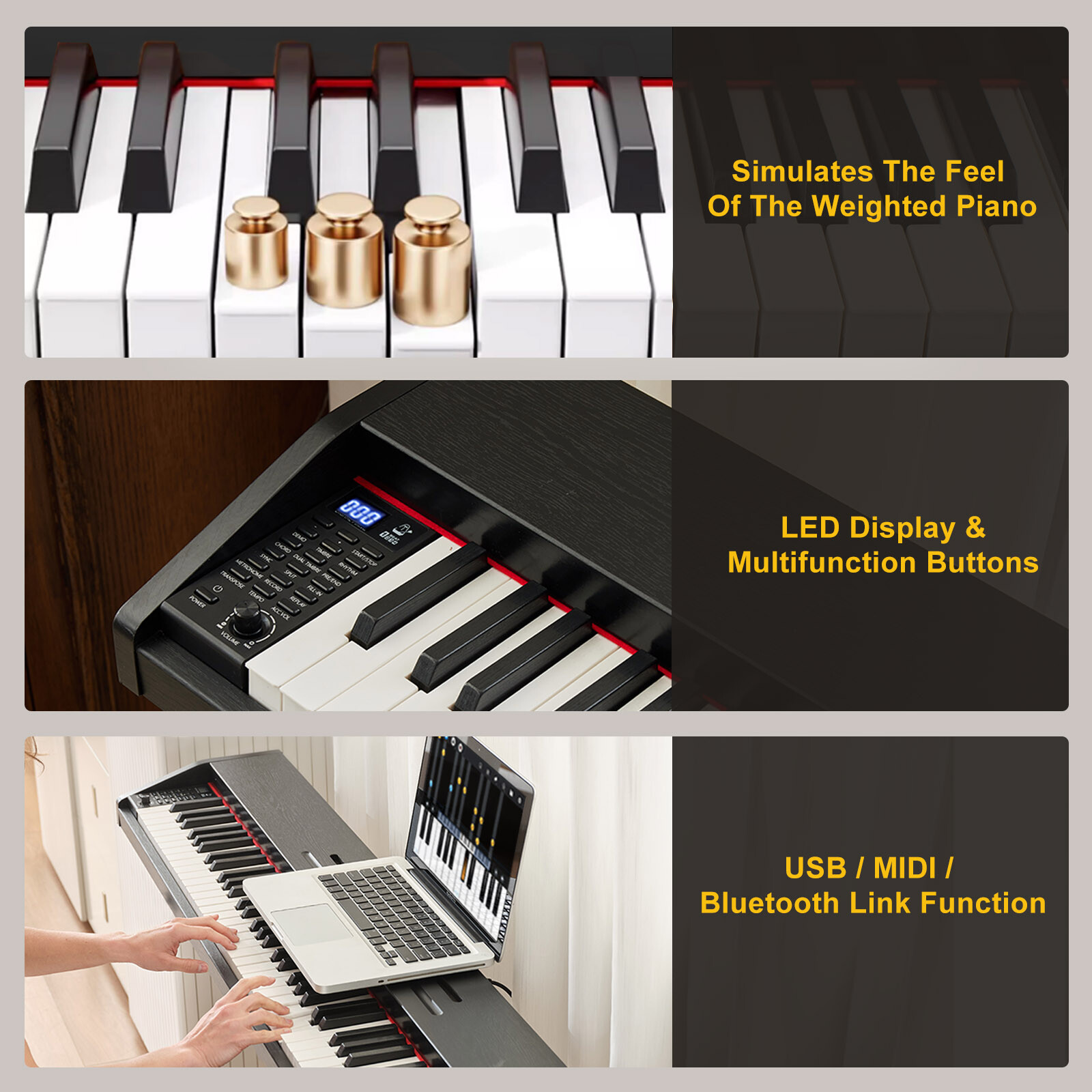 Black/White/Brown 88 Keys Semi Weighted Digital Piano Keyboard 3-Pedal USB/MIDI