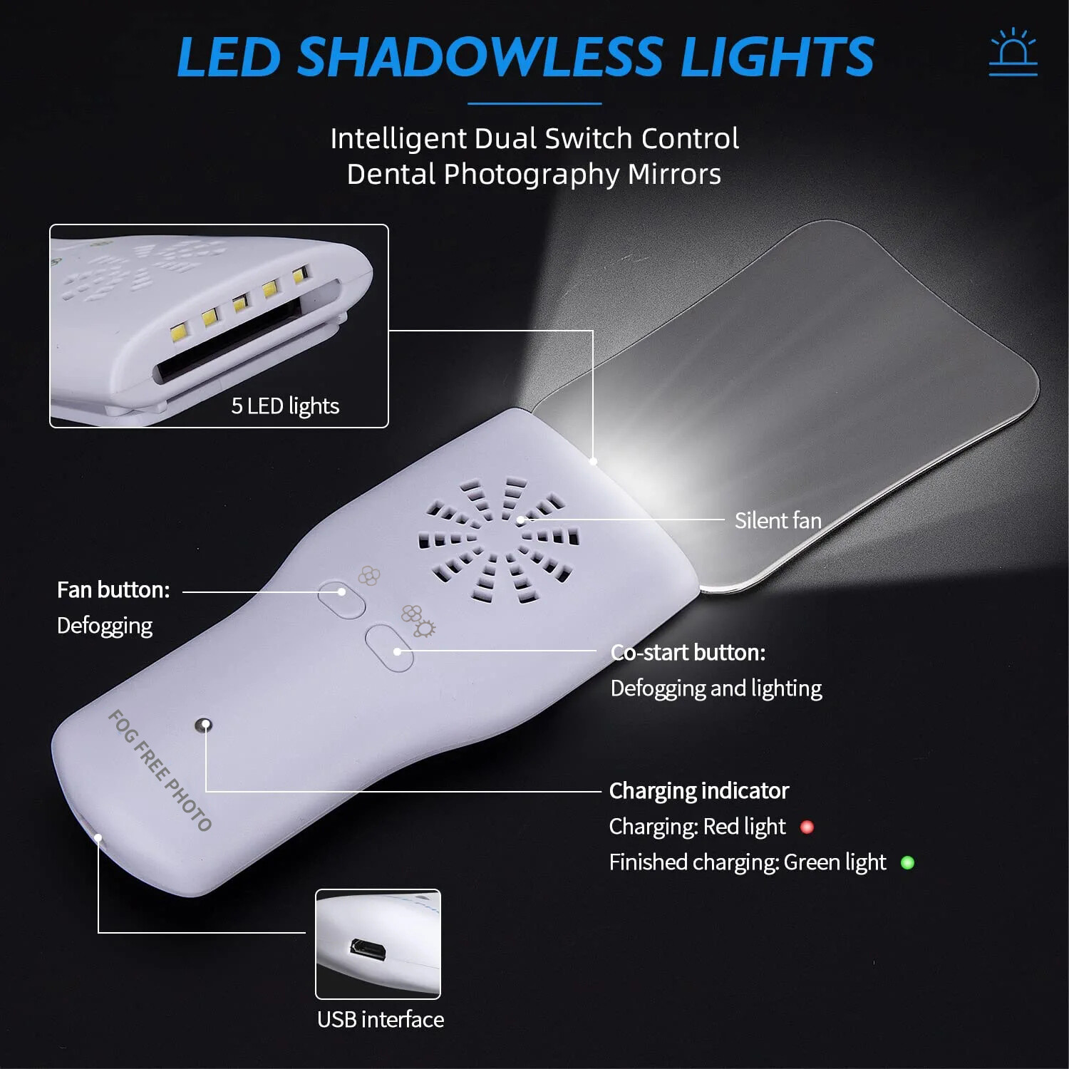 Dental Occlusal Mirror Fog Free LED Light Intra Oral Photo 4 Mirror Obervation