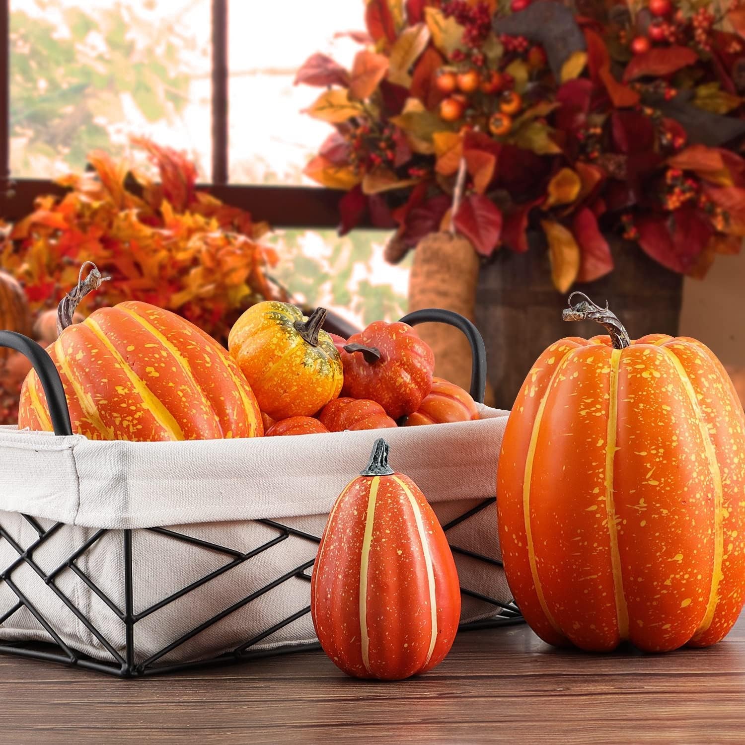 Ywlake 16 Pcs Pumpkin Fall Decorations, Decorative Large Small 12Pcs, Orange