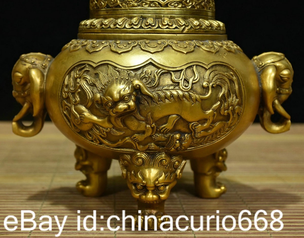 8.8" Marked Old China Copper Carving Dynasty Palace Qilin Elephant Ear Censer